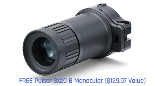 Pulsar 3X20 B Monocular Transform your thermal clip-on into a compact hand-held observation device! The Pulsar 3×20 B monocular converts the Krypton and Proton thermal imaging front attachments into an observation device with 3x magnification by means of bayonet connector.