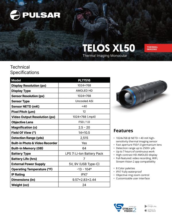 Pulsar Telos XL50 Thermal Monocular Specifications Sheet