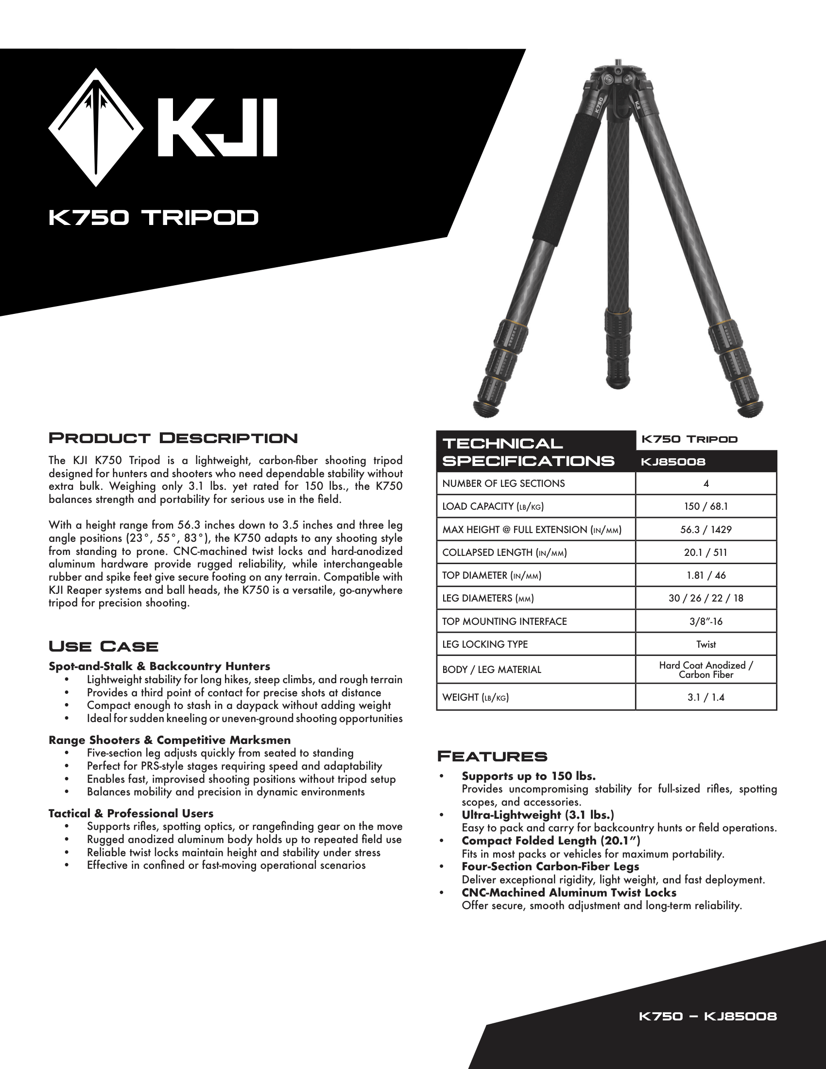KJI K750 Carbon Fiber Hunting/Shooting Tripod