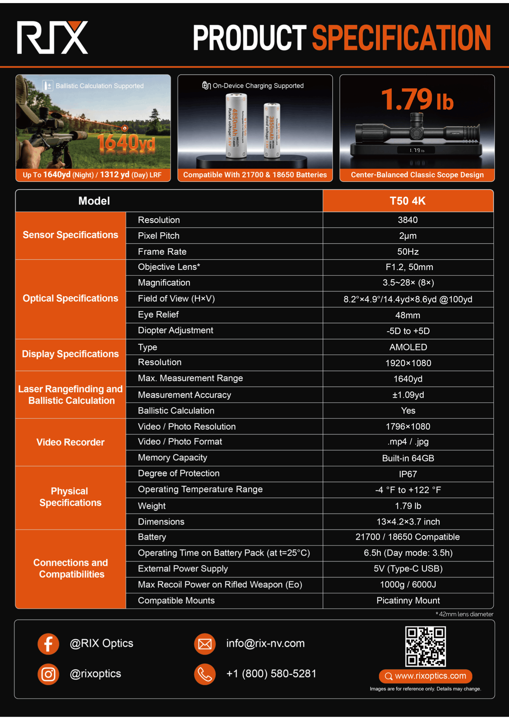 RIX Tourer T50 4K Digital Day & Night Vision Scope Spec Sheet